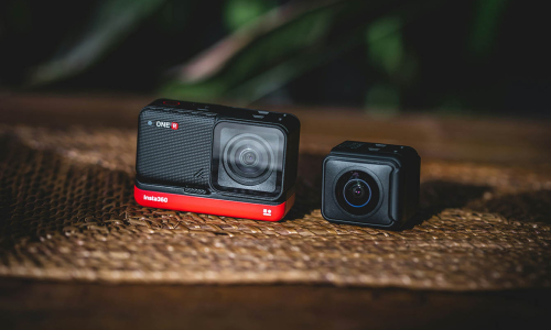 Product shots from a 360 action camera on a wooden table at sunset time.