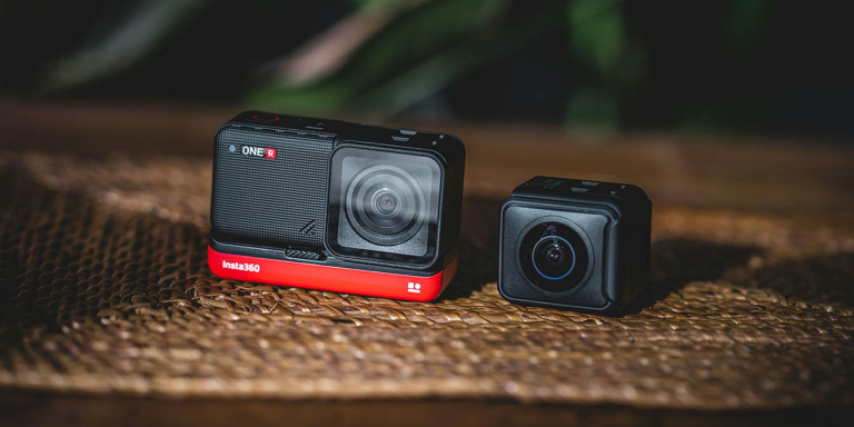 Product shots from a 360 action camera on a wooden table at sunset time.